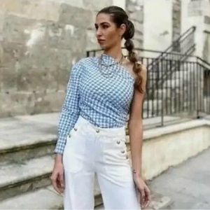 ZARA Women’s, Asymmetric, Poplin, One Shoulder Blouse Blue Check,NWOT Size XS